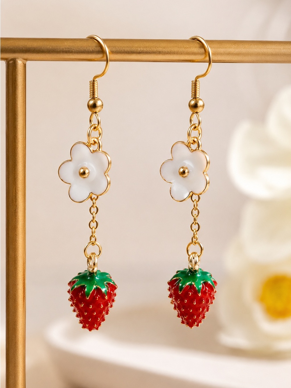 Strawberry & White Flower Drop Earrings